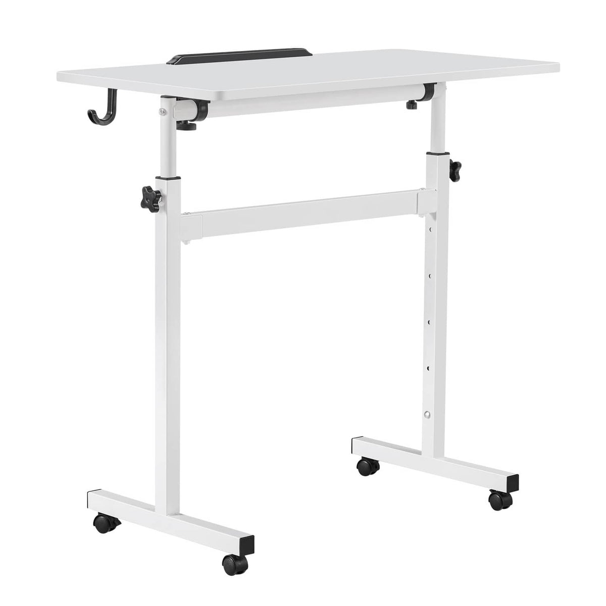 Mobile standing desk with tilting desktop, white frame and caster wheels