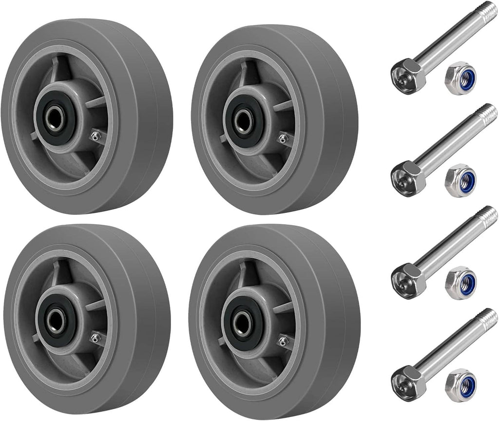 Gray rubber caster wheels set of four plus axle bolts and washers, side view