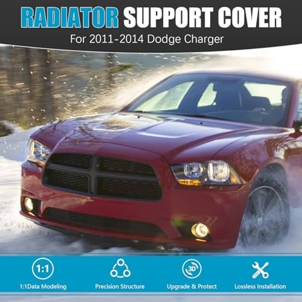 Black radiator support cover for Dodge Charger, molded plastic with mounting points