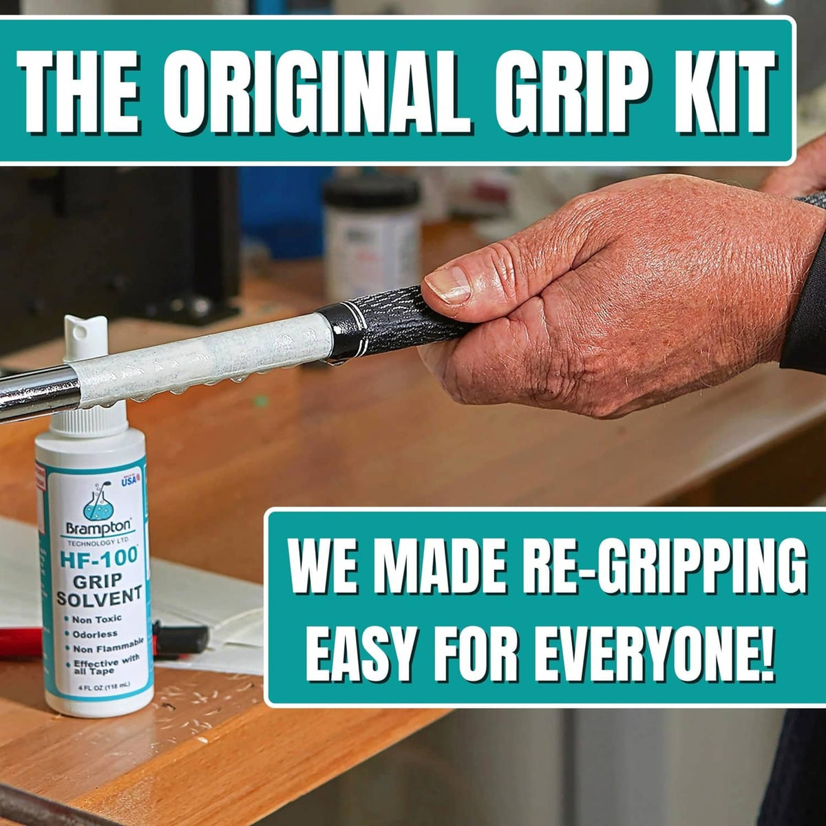 Hand using HF-100 grip solvent on golf club grip with regripping kit bottle