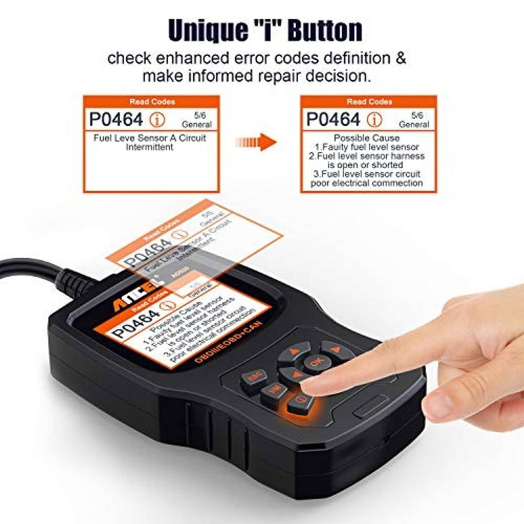 OBD2 scanner with large i button and keypad, showing diagnostic code details on screen