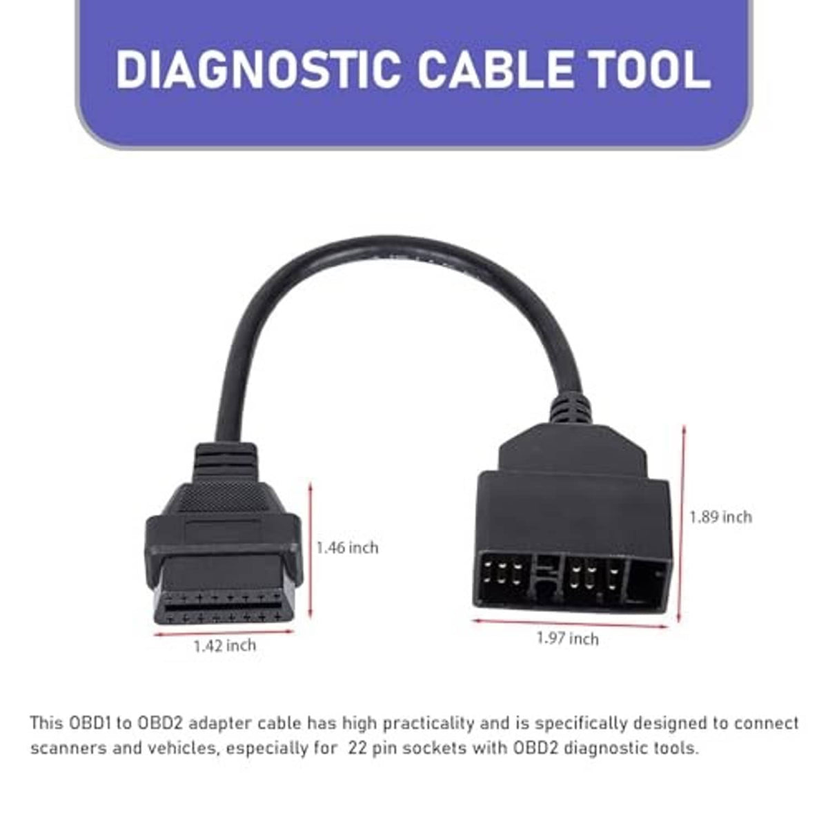 OBD diagnostic adapter cable showing black 22-pin and 16-pin port ends