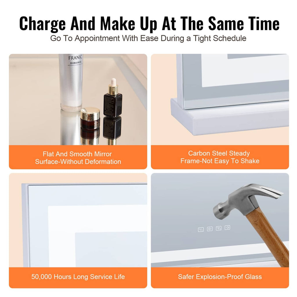 LED vanity mirror with flat glass and sturdy base, white frame