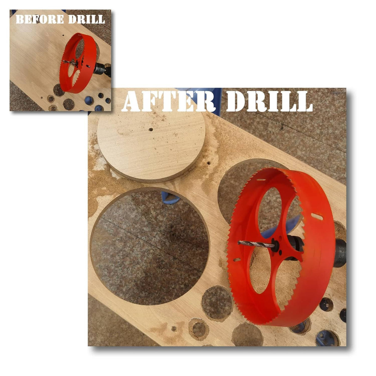 Orange hole saw cutting holes in light wood board with circular cutout