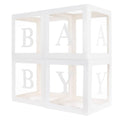 White clear balloon display box with cube windows showing BABY letter cutouts