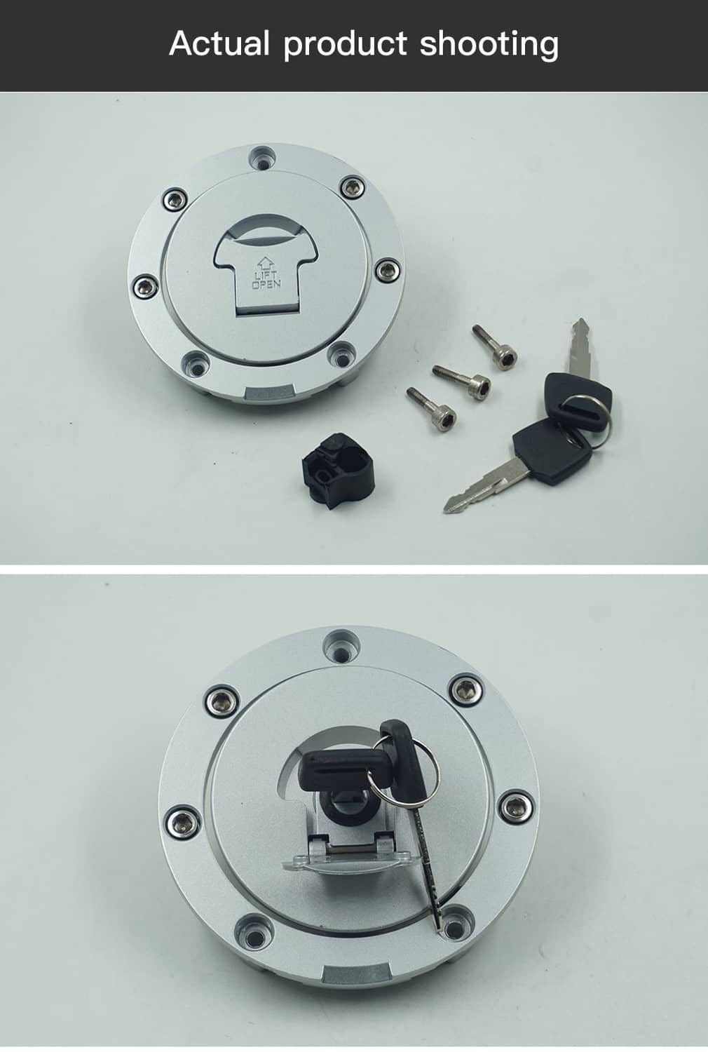 Motorcycle fuel tank cap set with keys and latch, plus screws and plugs