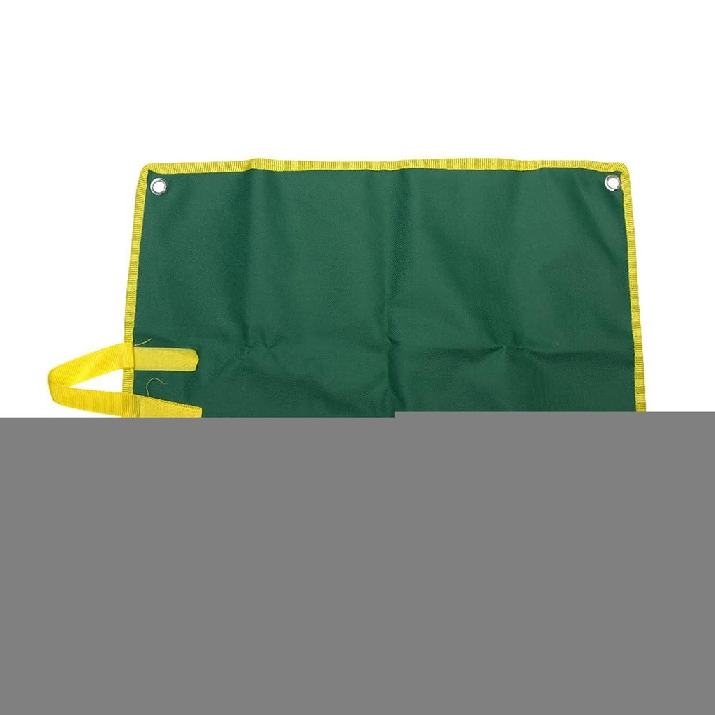 Green roll-up pouch with yellow tie and top grommets, shown cropped from front