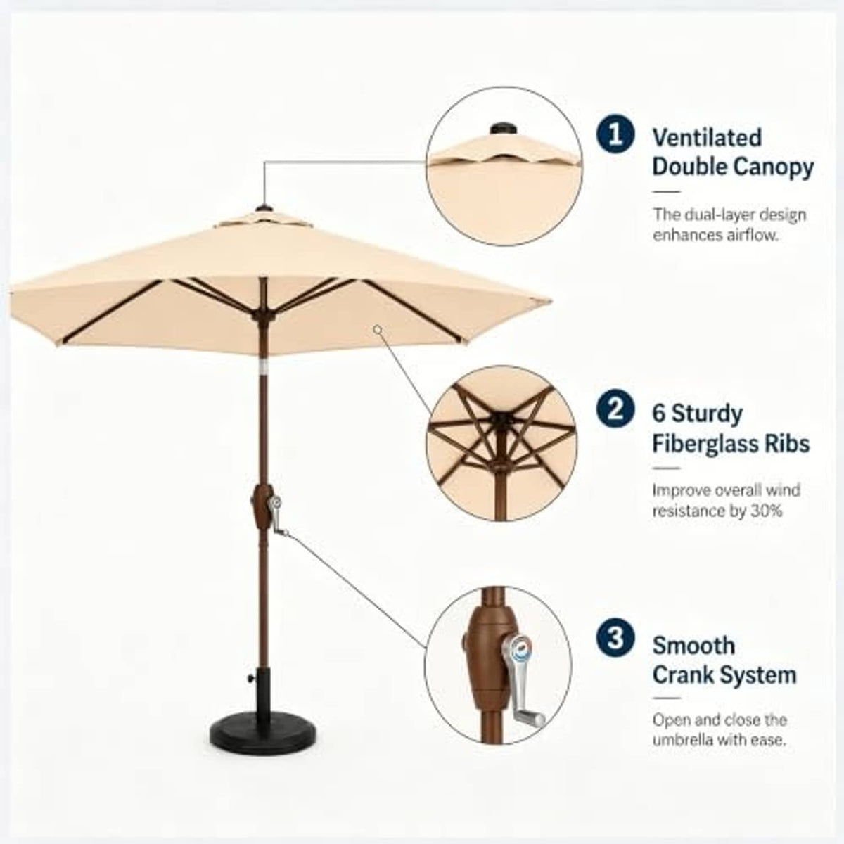 Patio umbrella diagram showing khaki canopy, 6-rib frame, and smooth crank system