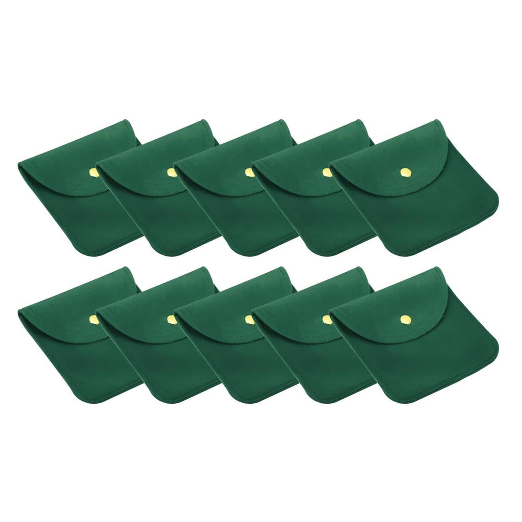 Set of dark green velvet jewelry pouches with snap button, 10-pack
