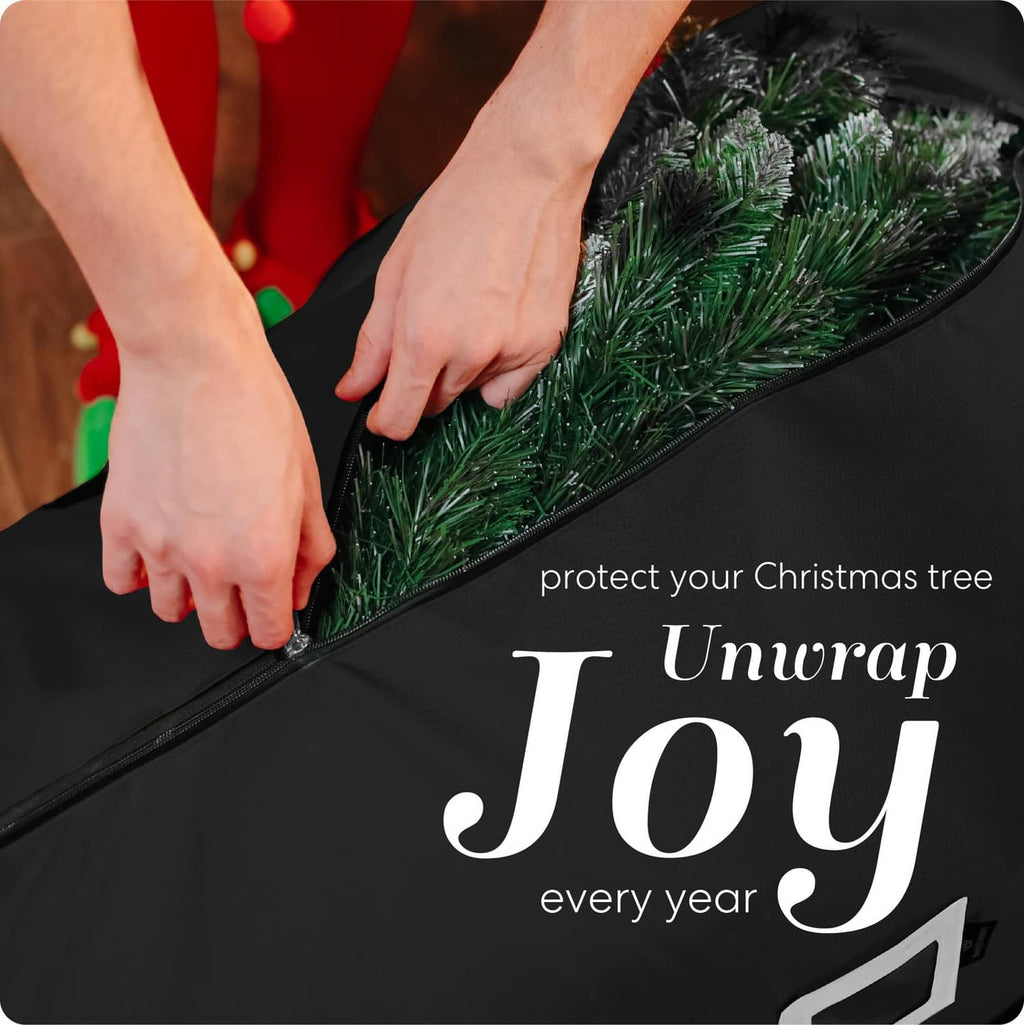 Black Christmas tree storage cover with zipper opening, hands arranging branches
