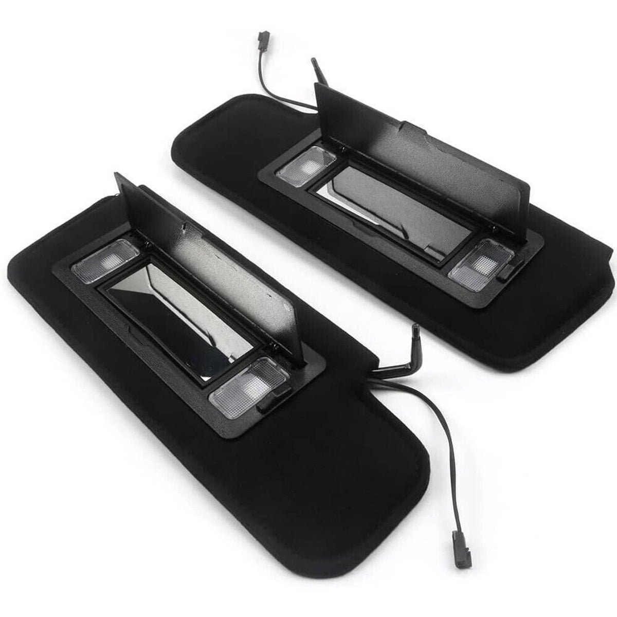 Set of black sun visors showing vanity mirror frames with LED light panels