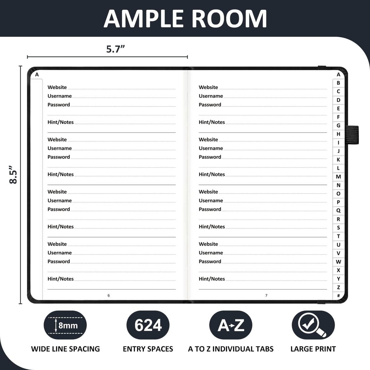 A5 password book with A-Z individual tabs, lined entry pages, black cover.