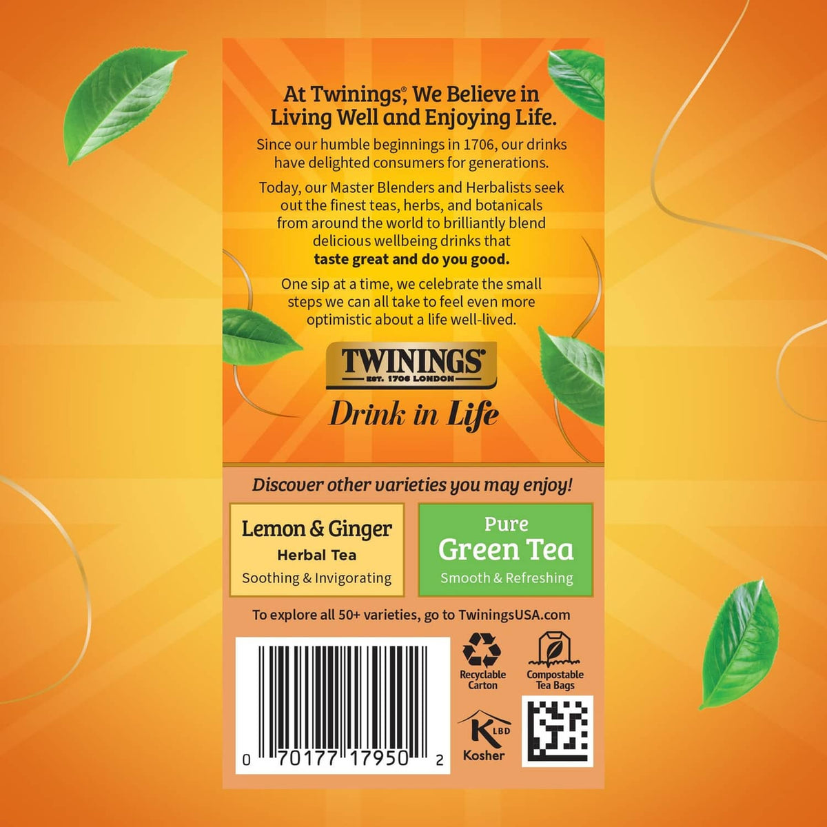 Twinings Orange & Cinnamon Spice herbal tea package back with barcode and recycling icons