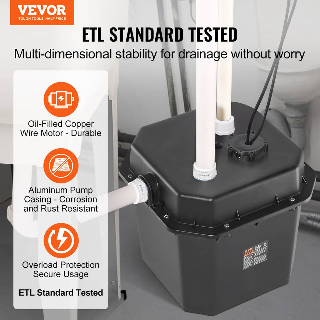 Utility sink drain pump system with connected inlet and vertical pipe, dark gray pump housing