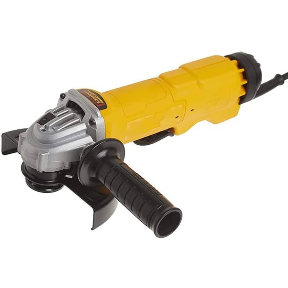 Yellow and black angle grinder with side handle and front safety guard