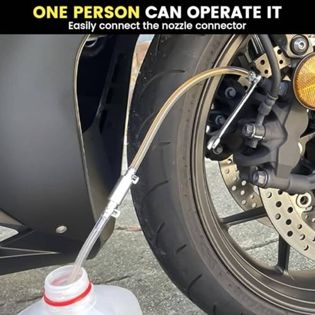 Brake bleeder hose connected near front wheel and brake caliper, clear line to reservoir