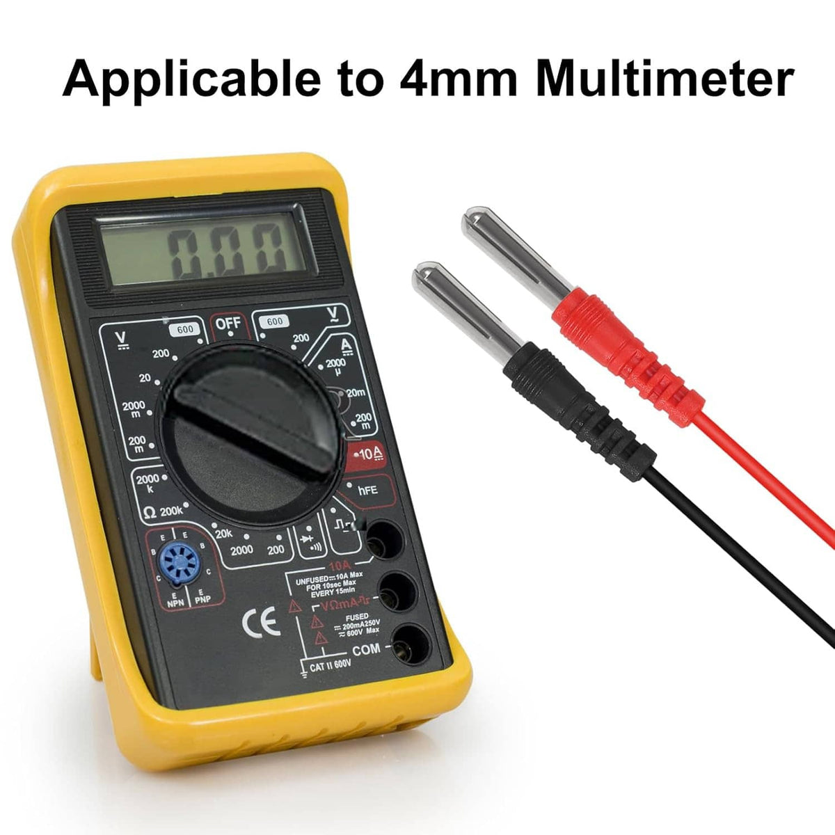 Yellow digital multimeter with red and black test probes plugged in