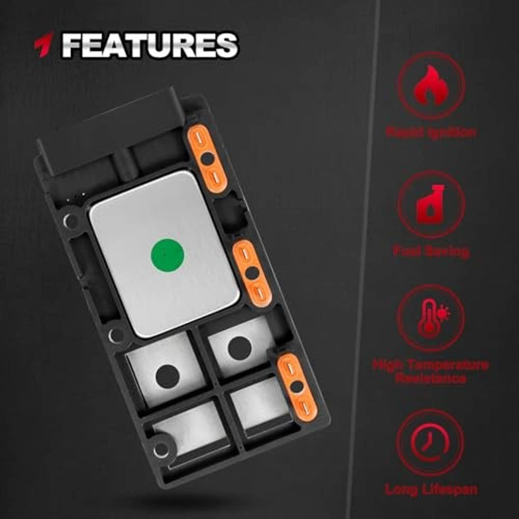 Ignition control module close-up with gray plate, green dot, and orange terminal bars