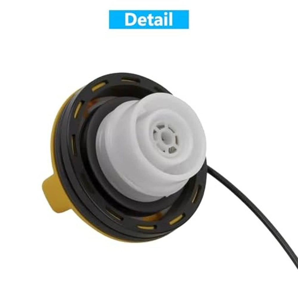 Fuel tank filler cap assembly with yellow outer ring, black housing, and white insert