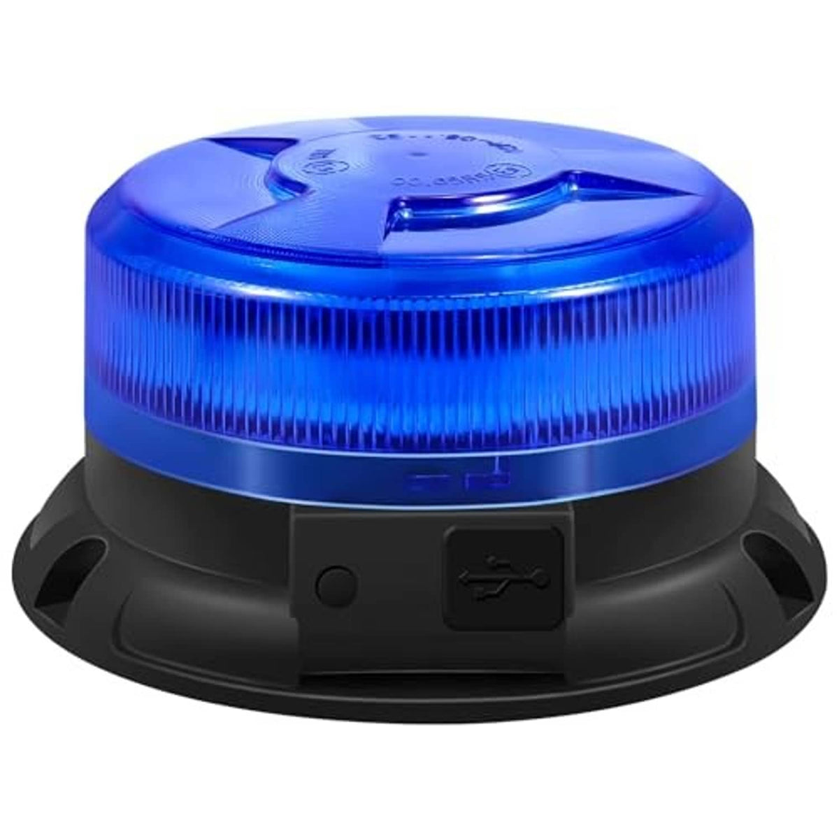 Blue LED beacon light with clear top lens and black base, front view