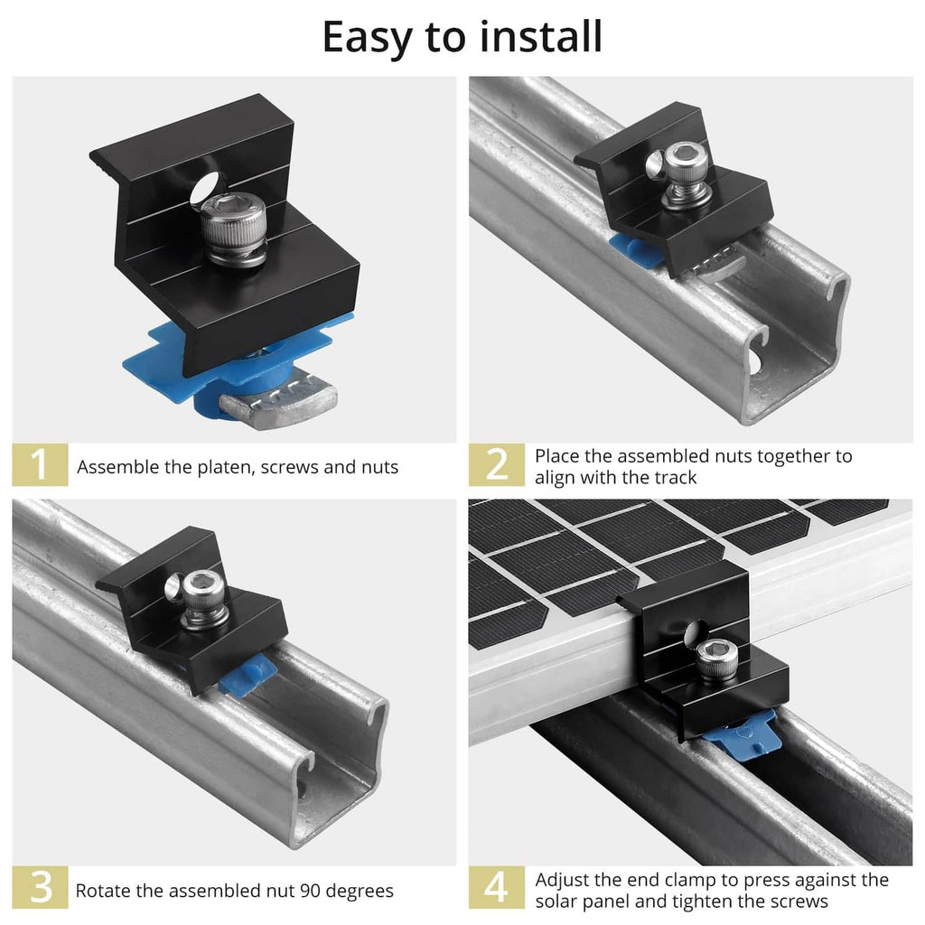 Black solar panel end clamp installation on a metal mounting track
