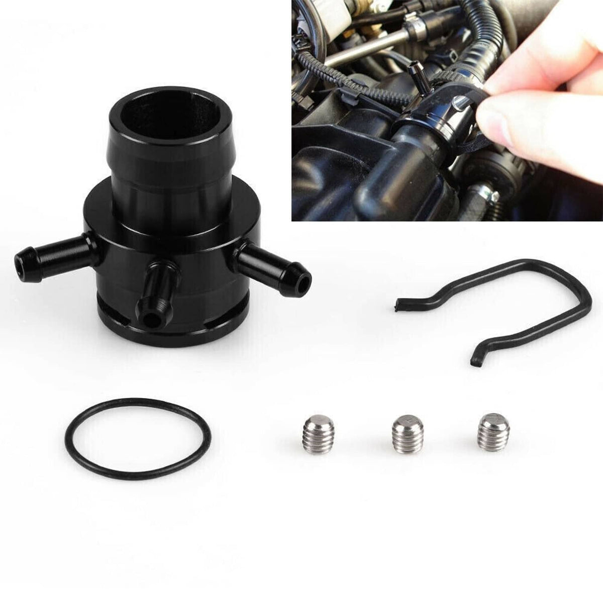 Black vacuum sensor adapter with O-ring, U-clips, and three threaded fasteners