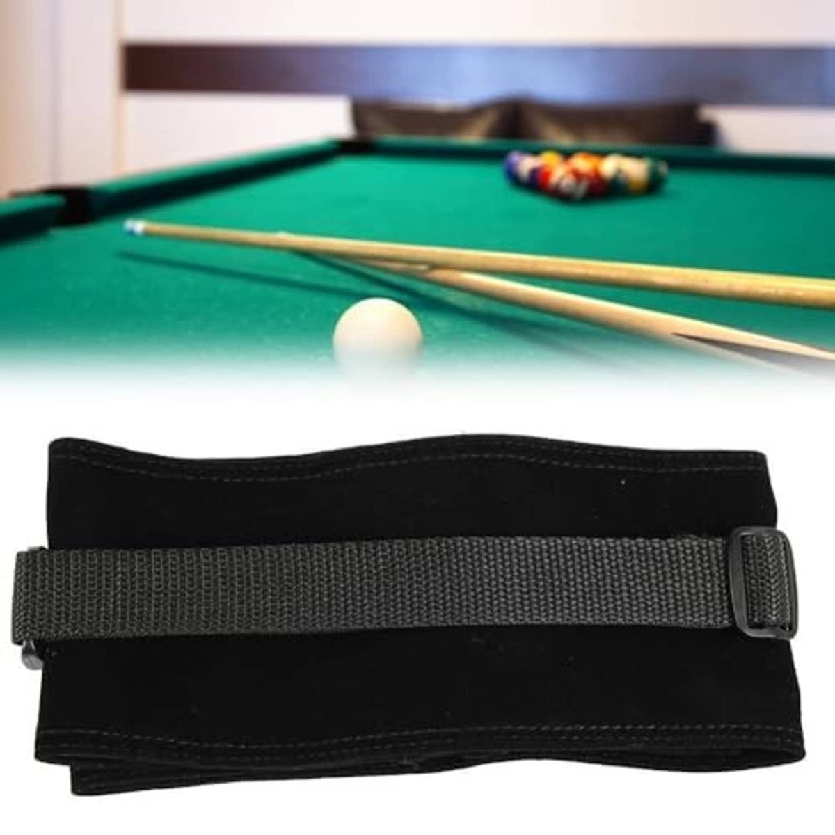 Black 32-inch pool cue case with wide webbing carry strap and stitched seams