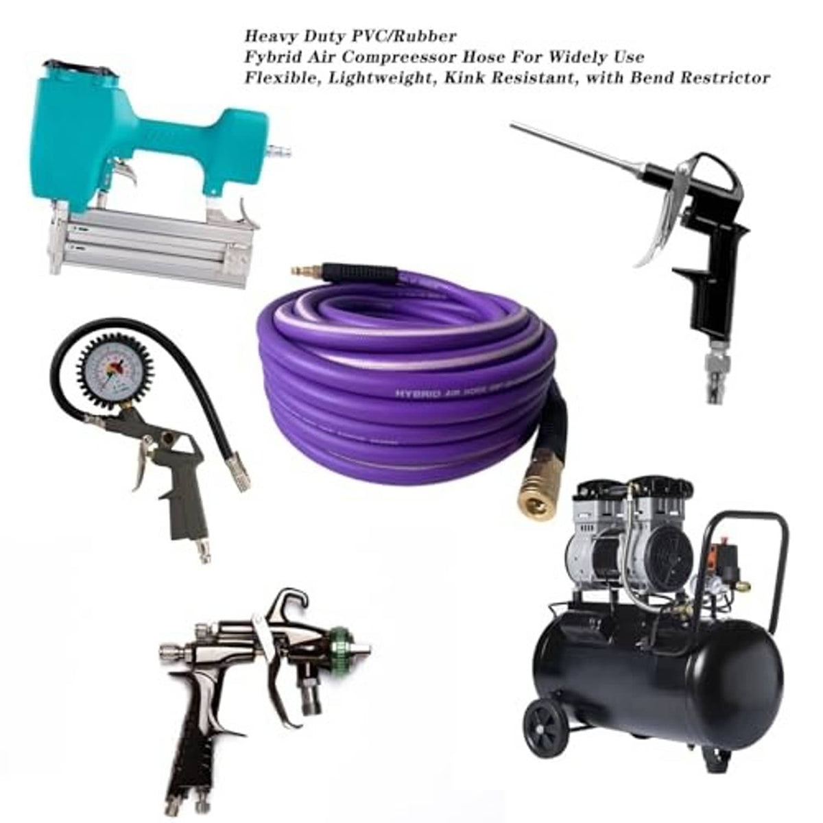 Purple air hose kit with hose coil, brass fitting, and included air tools