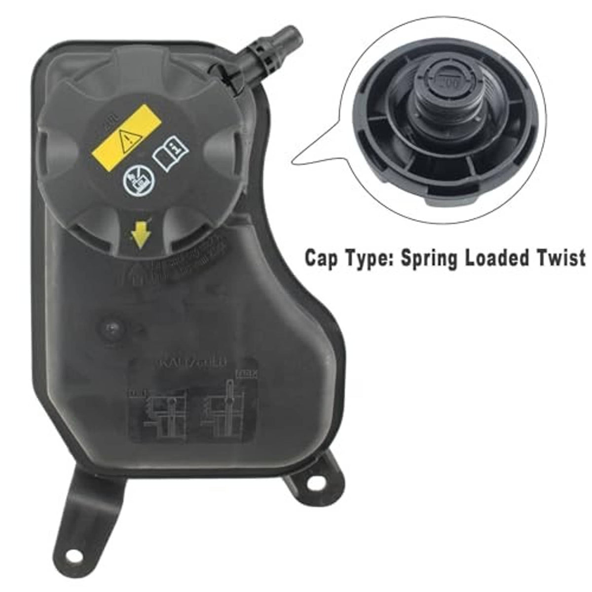 Engine coolant reservoir tank with spring-loaded twist cap, warning label on top