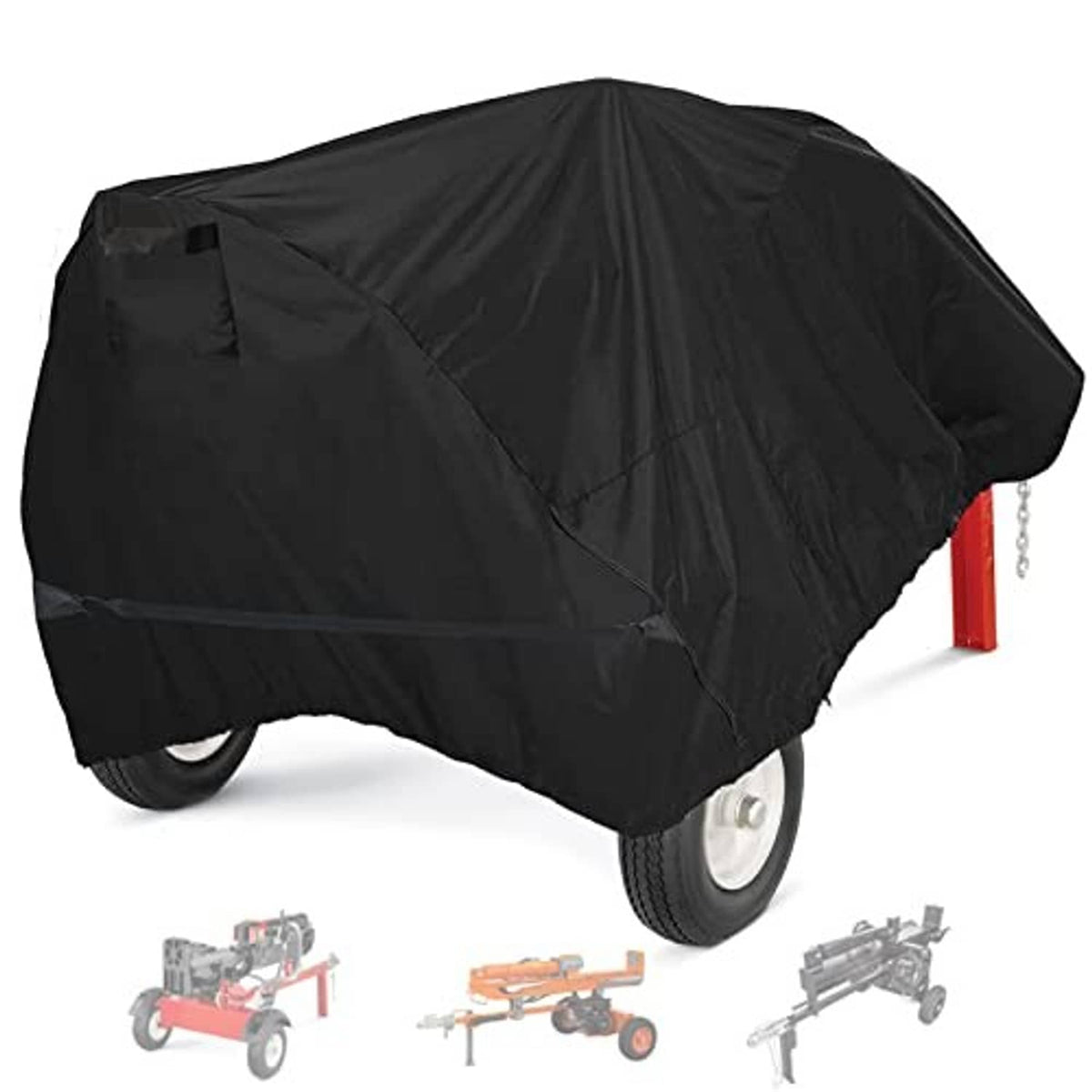 Black log splitter cover with elasticized bottom and side fit for tires, waterproof