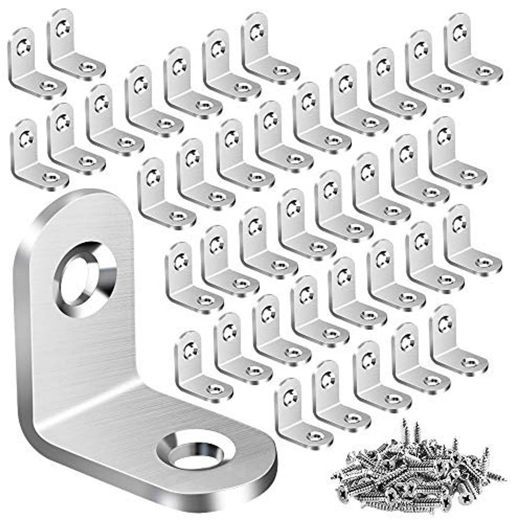 Stainless steel L-shaped corner shelf brackets with circular mounting holes and screws