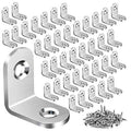Stainless steel L-shaped corner shelf brackets with circular mounting holes and screws
