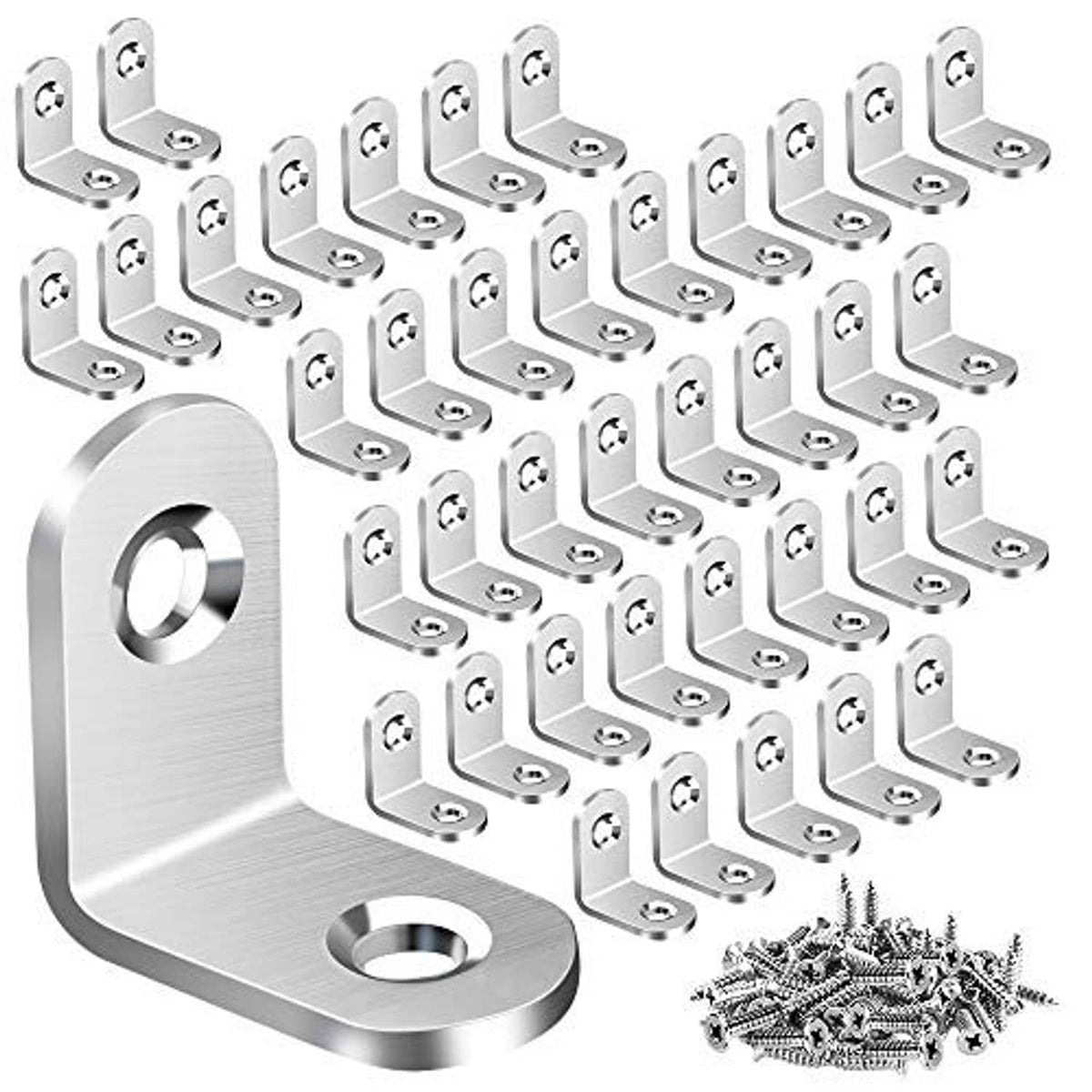 Stainless steel L-shaped corner shelf brackets with circular mounting holes and screws