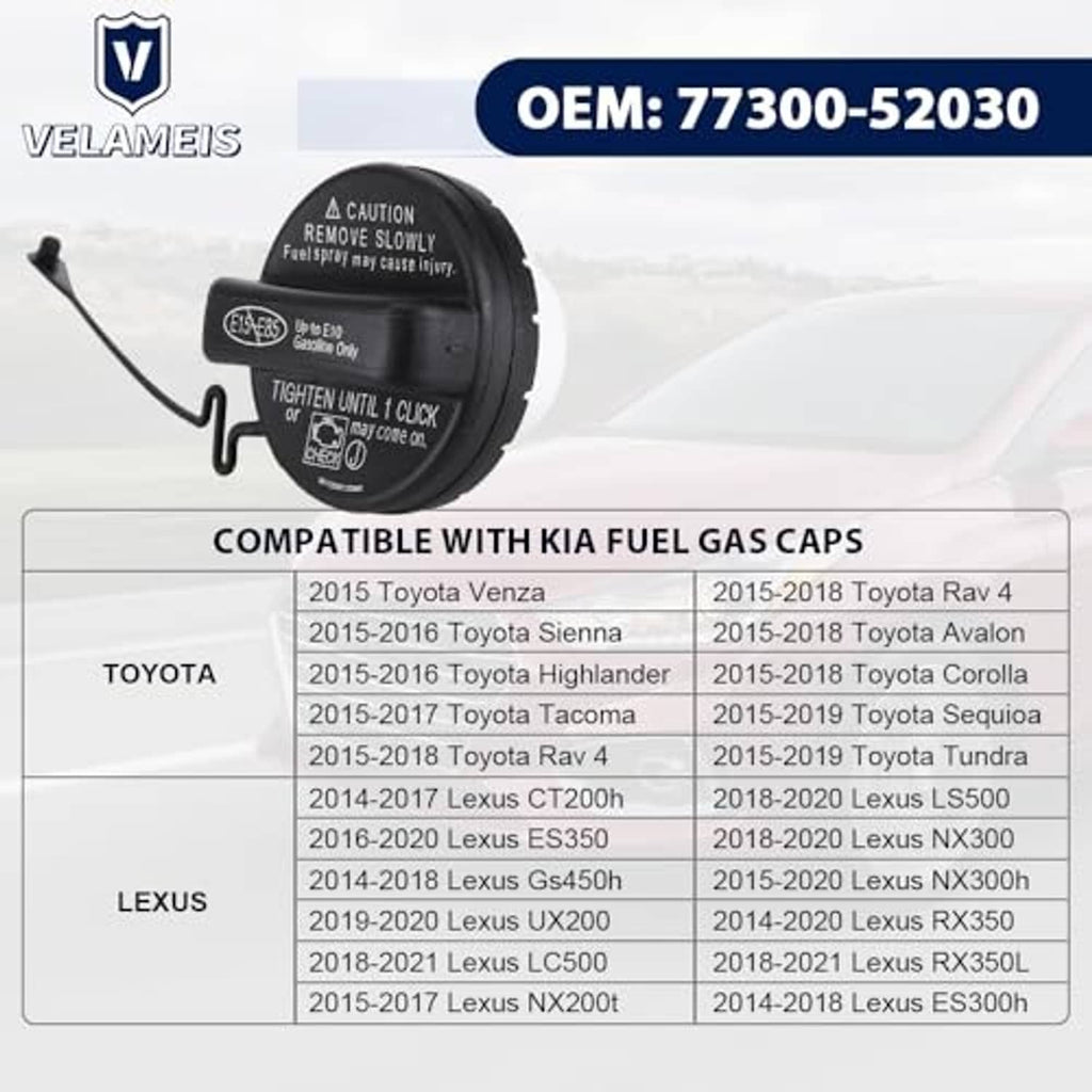 Black gas fuel cap with tether strap and OEM-style identification markings