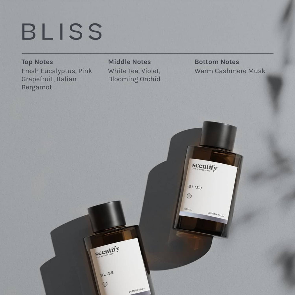 Scentify Bliss oil refill bottles with scent notes on packaging