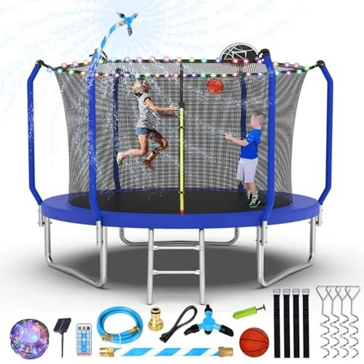 Blue trampoline with safety net and basketball hoop, kids on trampoline with accessory parts