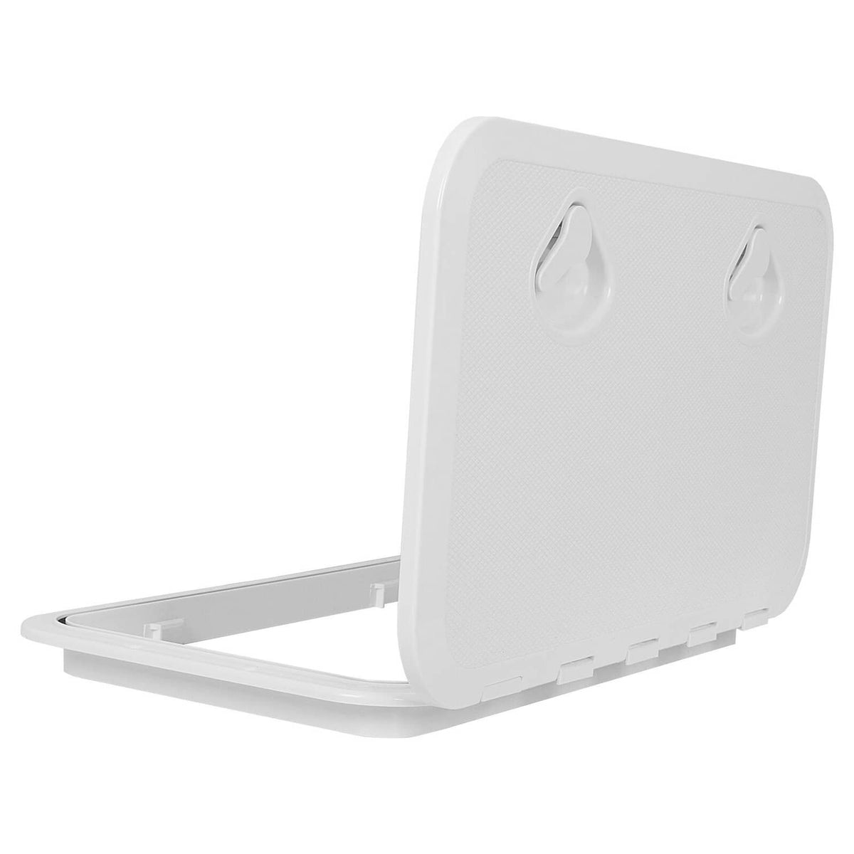 White boat deck access hatch lid open with integrated hinge and support