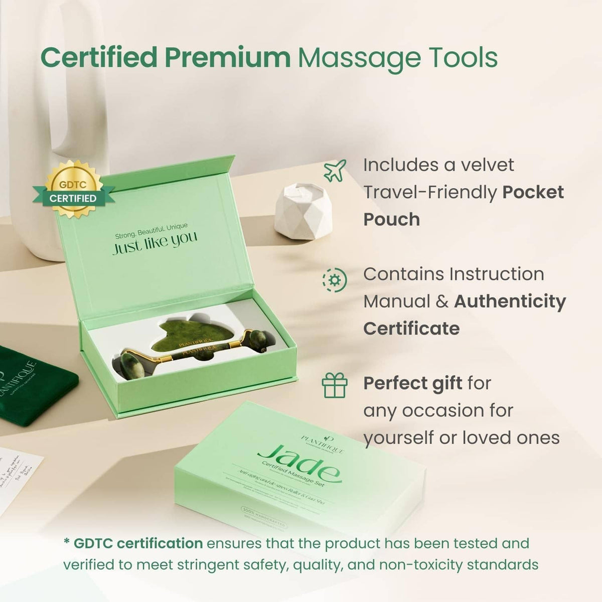 Jade roller and gua sha set with velvet travel pouch in gift box