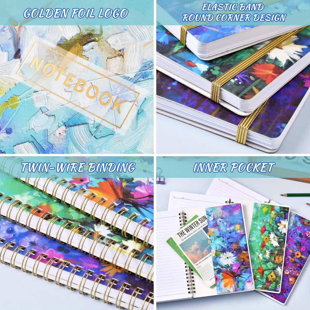 A5 spiral notebooks showing gold foil logo, elastic closure, twin-wire binding, and inner pocket