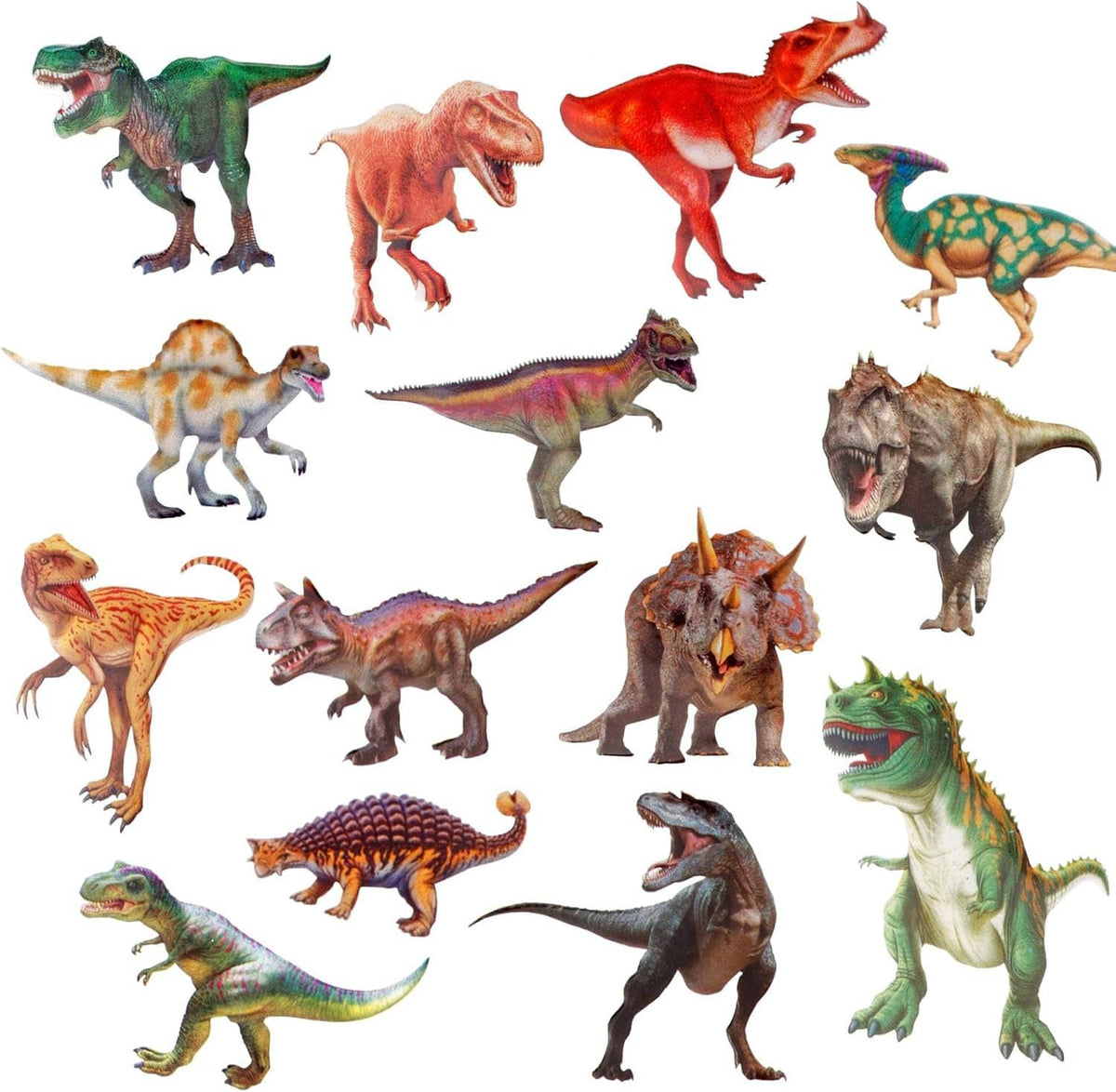 Assorted colorful 3D dinosaur stickers, including T-rex, triceratops, and raptors