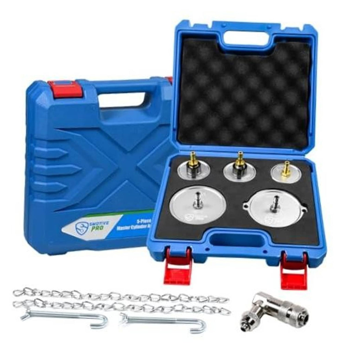Blue hard case master cylinder adapter set with metal fittings, pins, and chain links