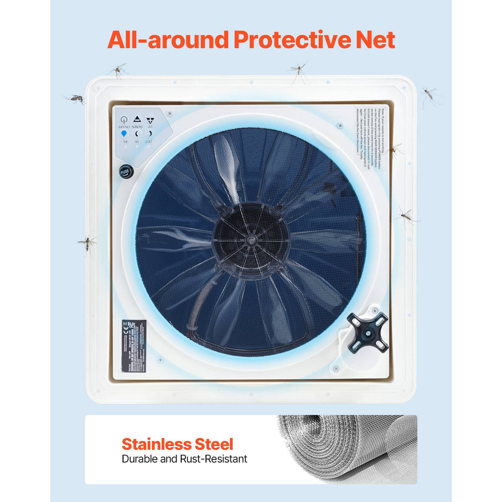 Open roof vent fan showing protective net and dark circular fan blades