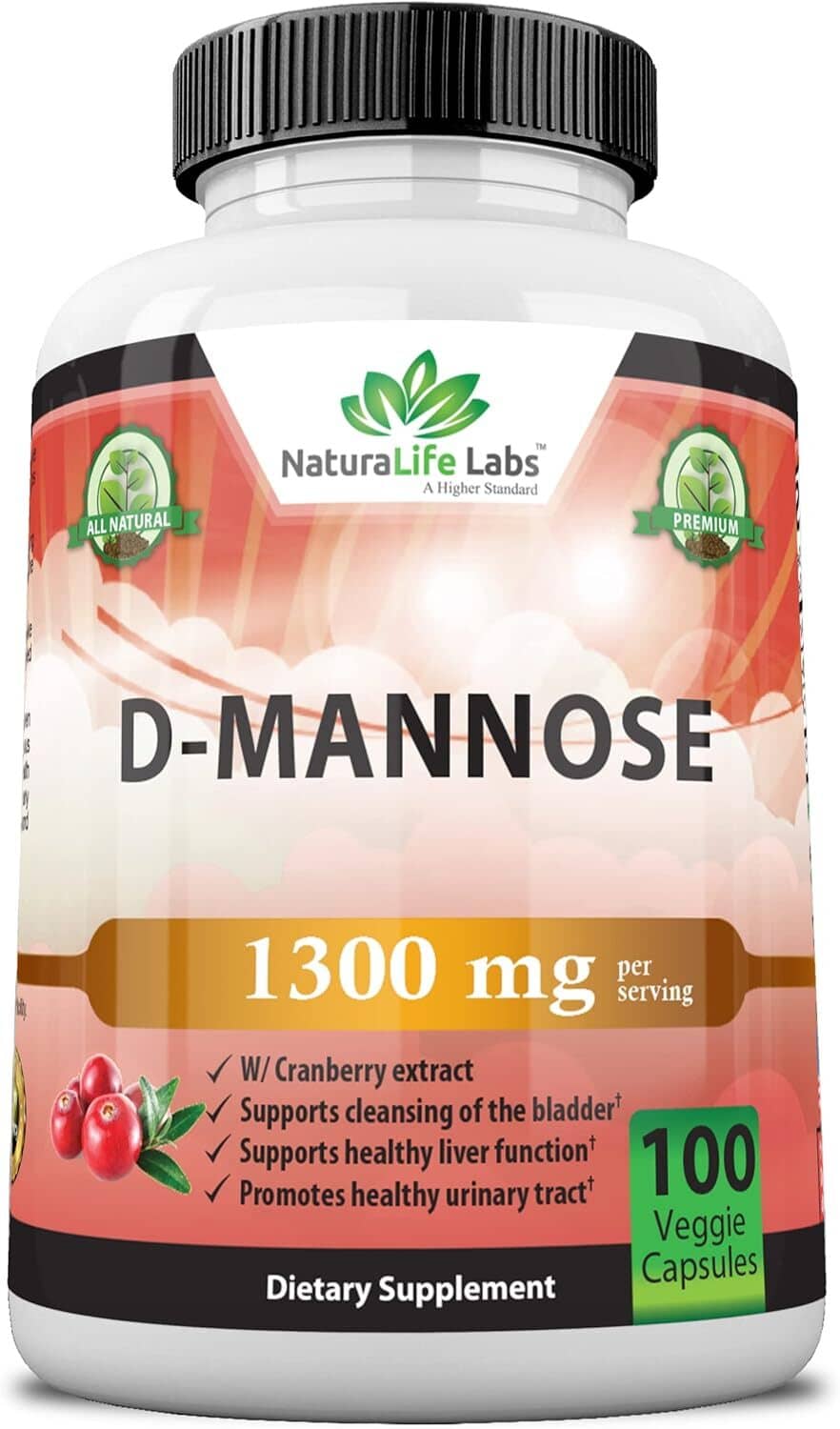 D-mannose 1300 mg vegan supplement bottle, 100 vegetarian capsules