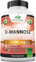 D-mannose 1300 mg vegan supplement bottle, 100 vegetarian capsules