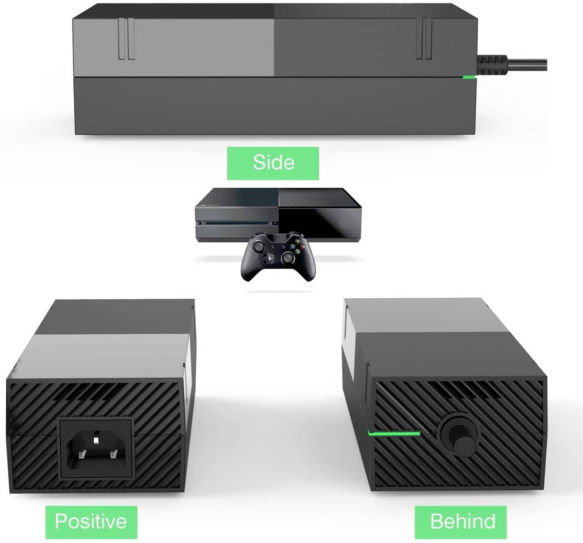 Black power supply unit with side view and vented texture openings