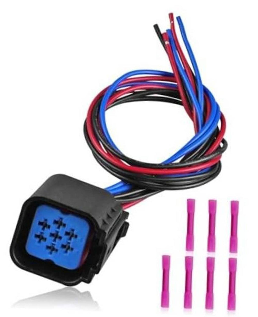 Headlight connector pigtail harness with blue multi-pin plug, red/blue wires, pink tap splices