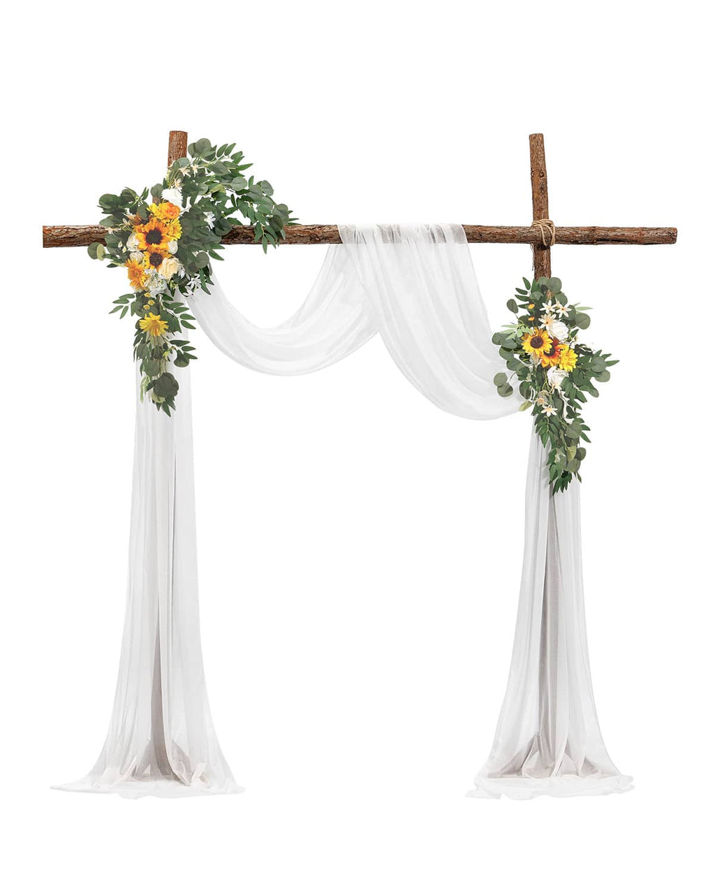 Artificial wedding arch floral kit with white sheer drapes and yellow sunflowers