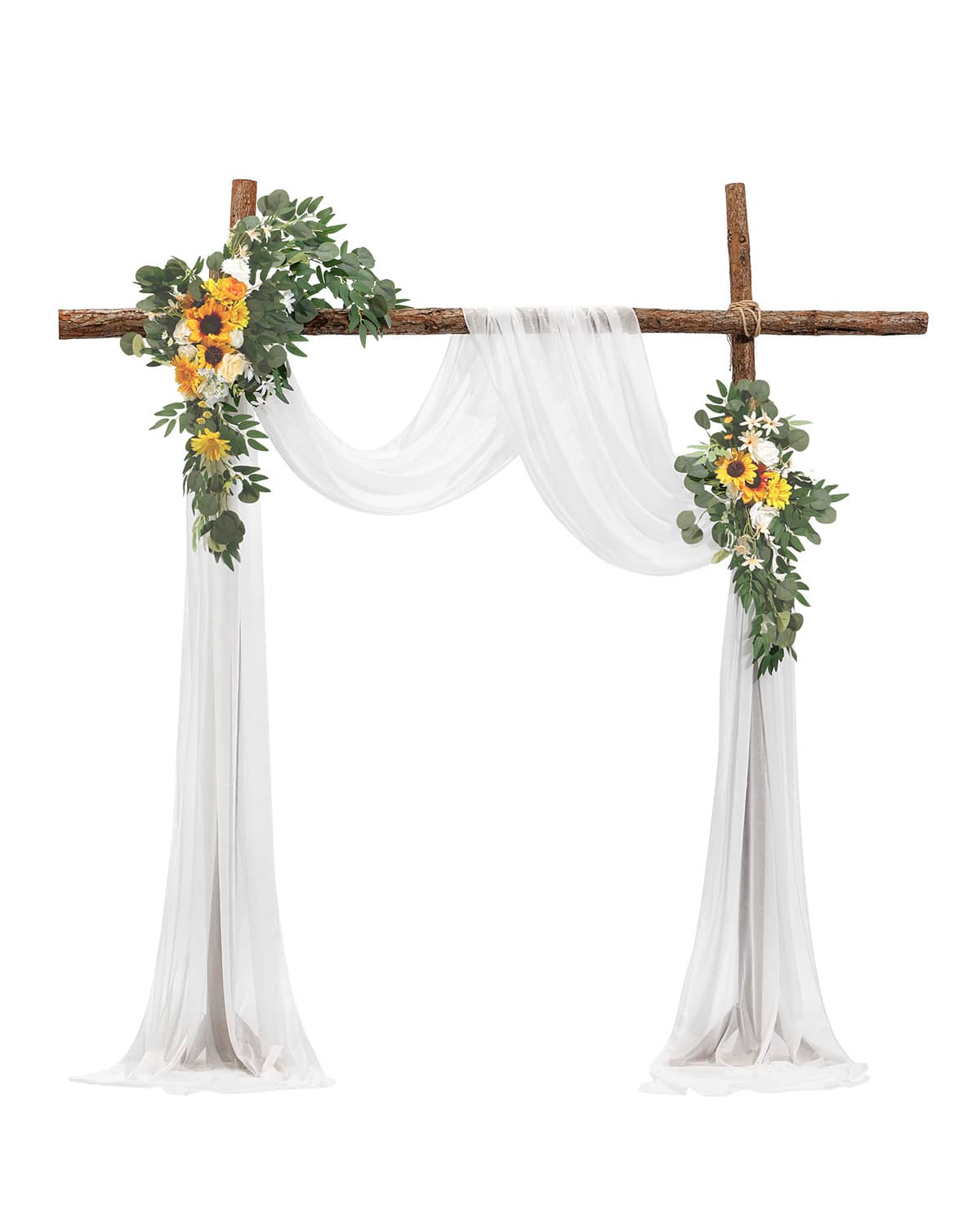 Artificial wedding arch floral kit with white sheer drapes and yellow sunflowers