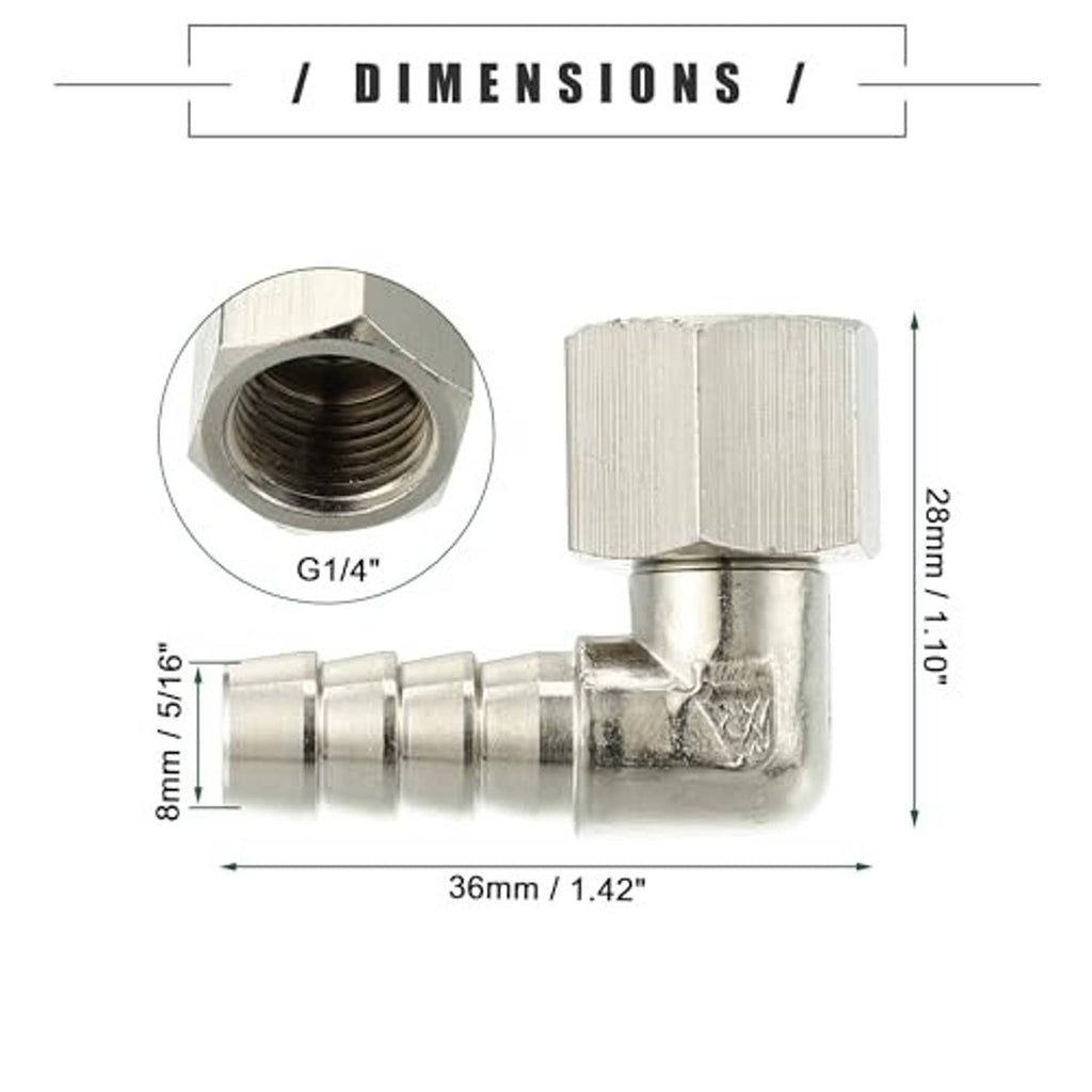 90-degree metal hose adapter fitting dimensions view, hex threaded inlet and barbed outlet