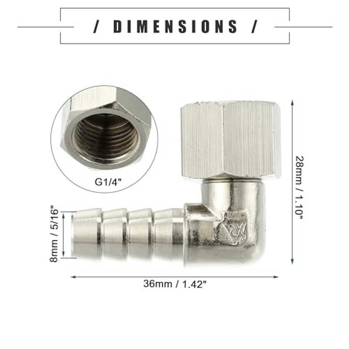 90-degree metal hose adapter fitting dimensions view, hex threaded inlet and barbed outlet